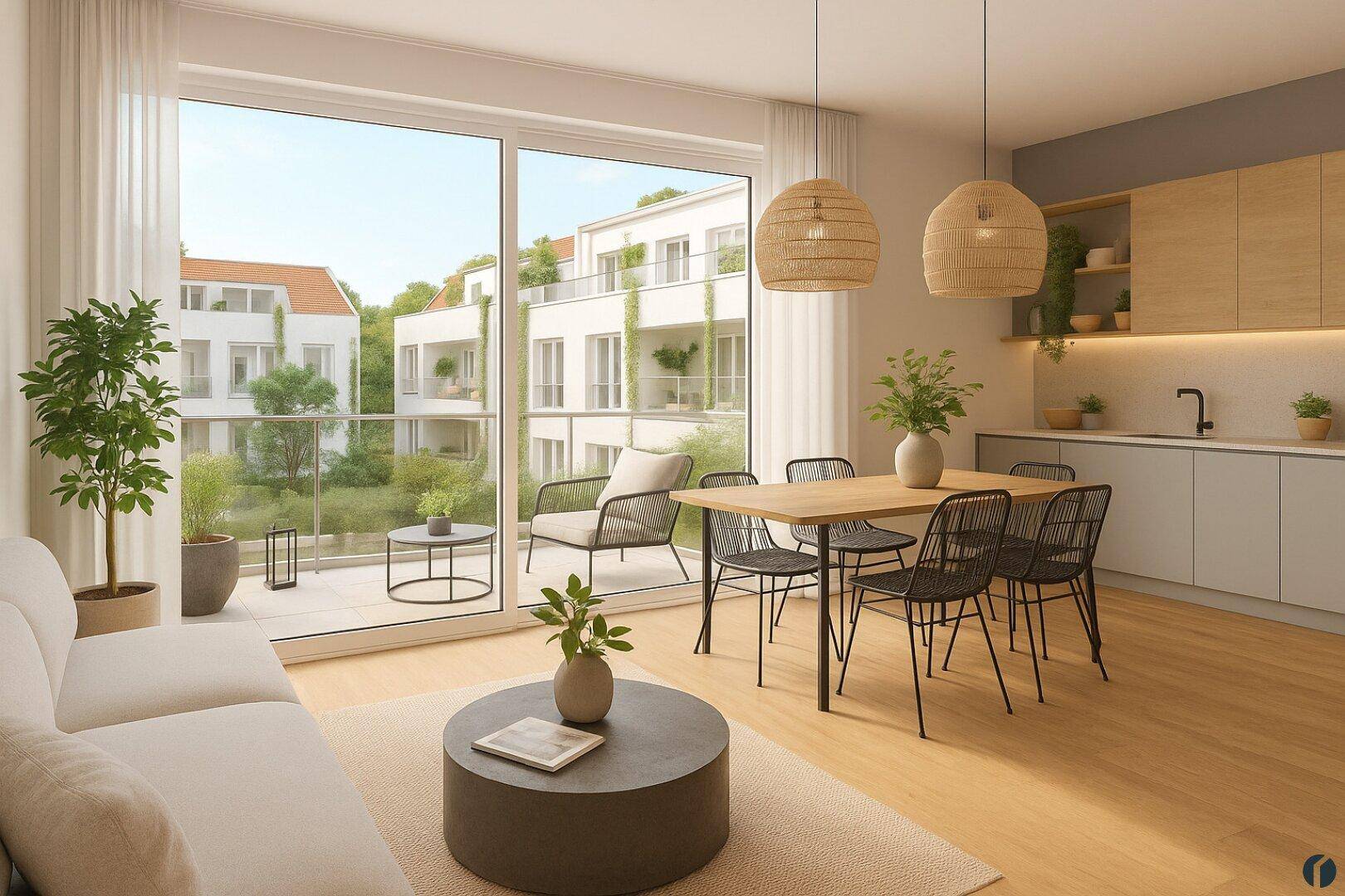 Heller offener Wohn-Essbereich mit integrierter Küche, Zugang zum Balkon und Blick ins Grüne.