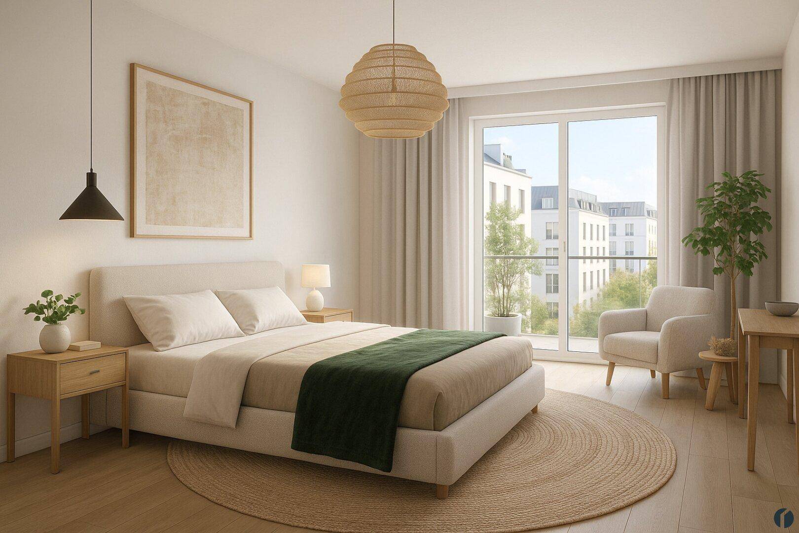 Helles Schlafzimmer mit Holzboden, großem Fenster und Zugang zum Balkon.
