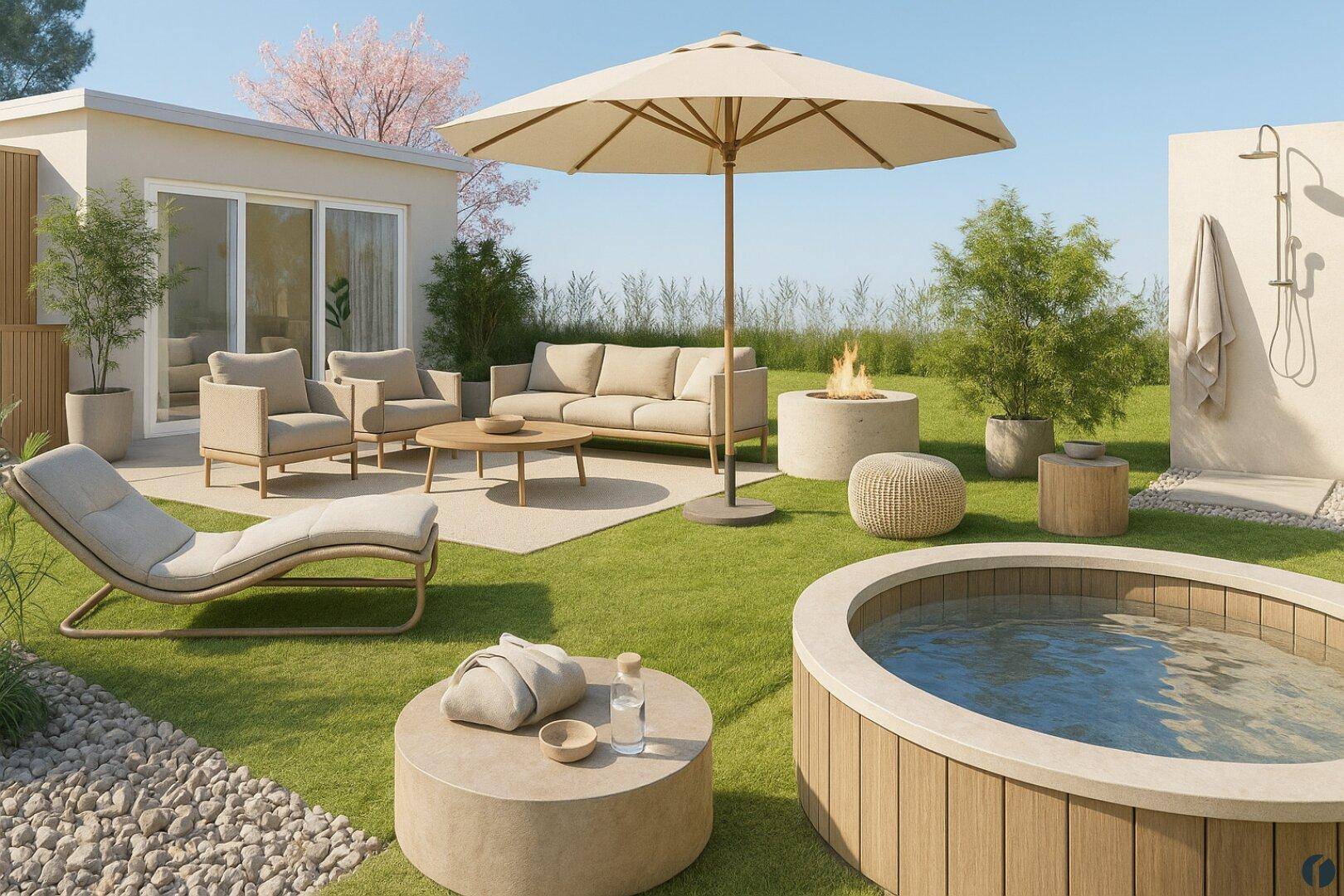 Großzügiger Gartenbereich mit Whirlpool, Feuerstelle und gemütlicher Sitzgruppe.
