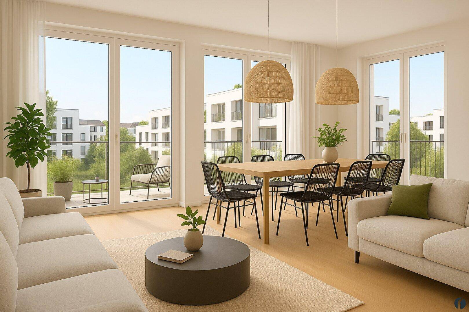 Heller, offener Wohn- und Essbereich mit großen Fenstern und Zugang zum Balkon.