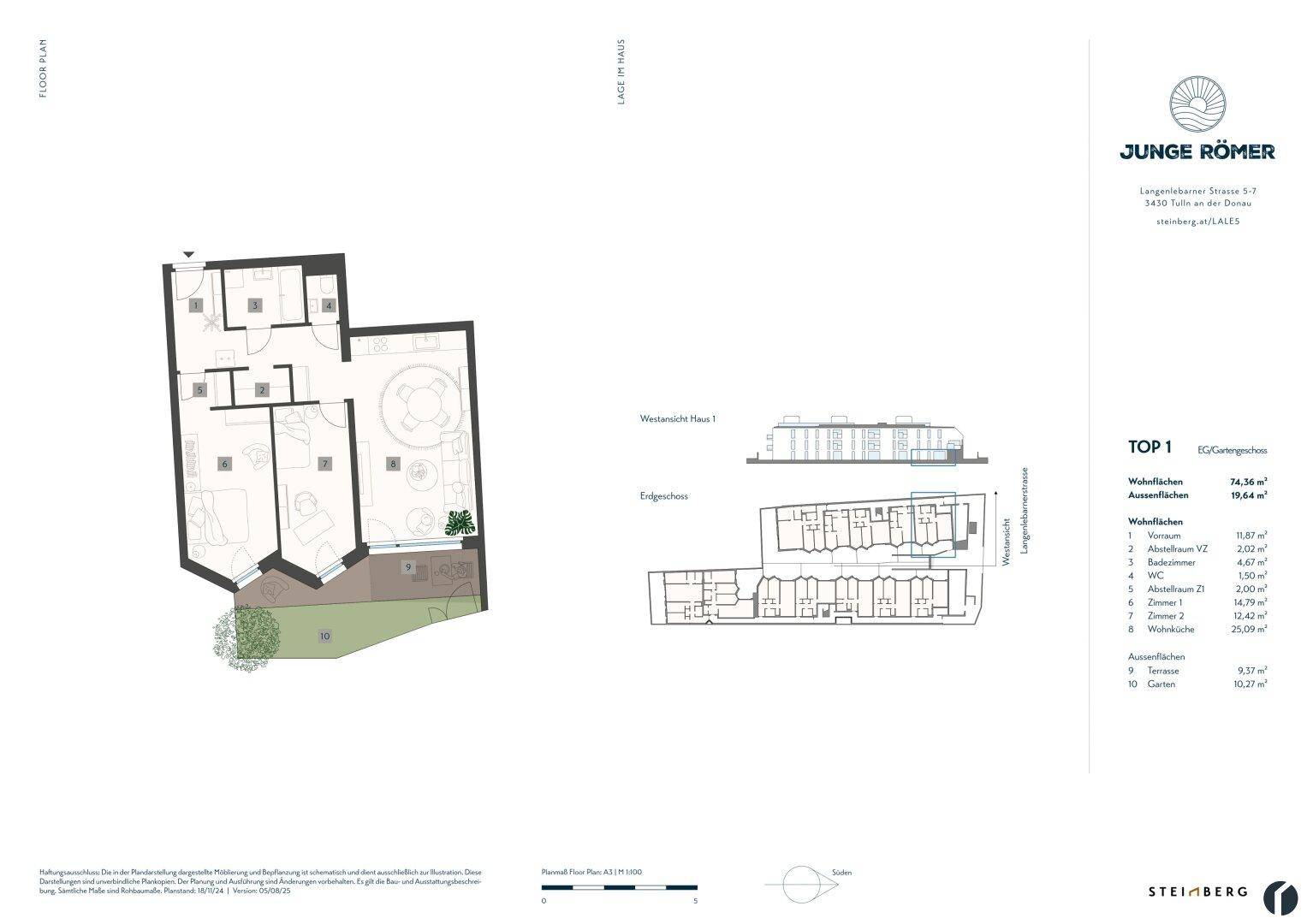 Detaillierter Grundriss einer Wohnung mit Garten, Terrasse und offenem Wohnbereich.