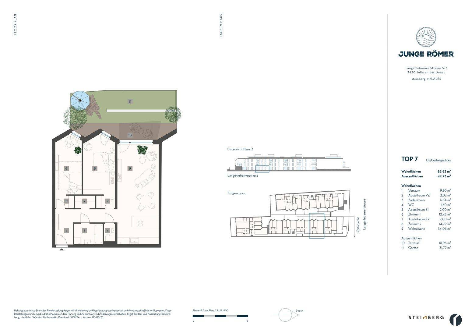 Detaillierter Grundriss für Wohnung TOP 7 mit Garten und Terrasse im Erdgeschoss.