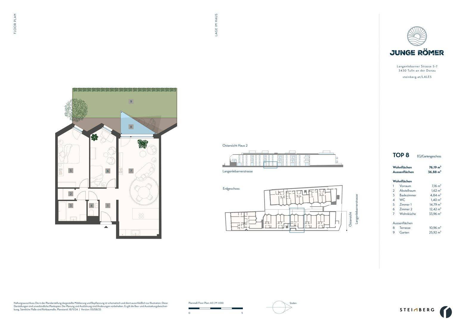 Grundriss einer Wohnung mit Garten, Schlafzimmern und offenem Wohnbereich.