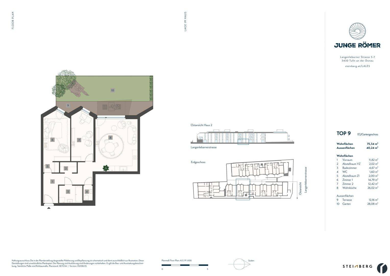Detaillierter Grundriss einer Wohnung mit Garten, Terrasse und mehreren Zimmern.