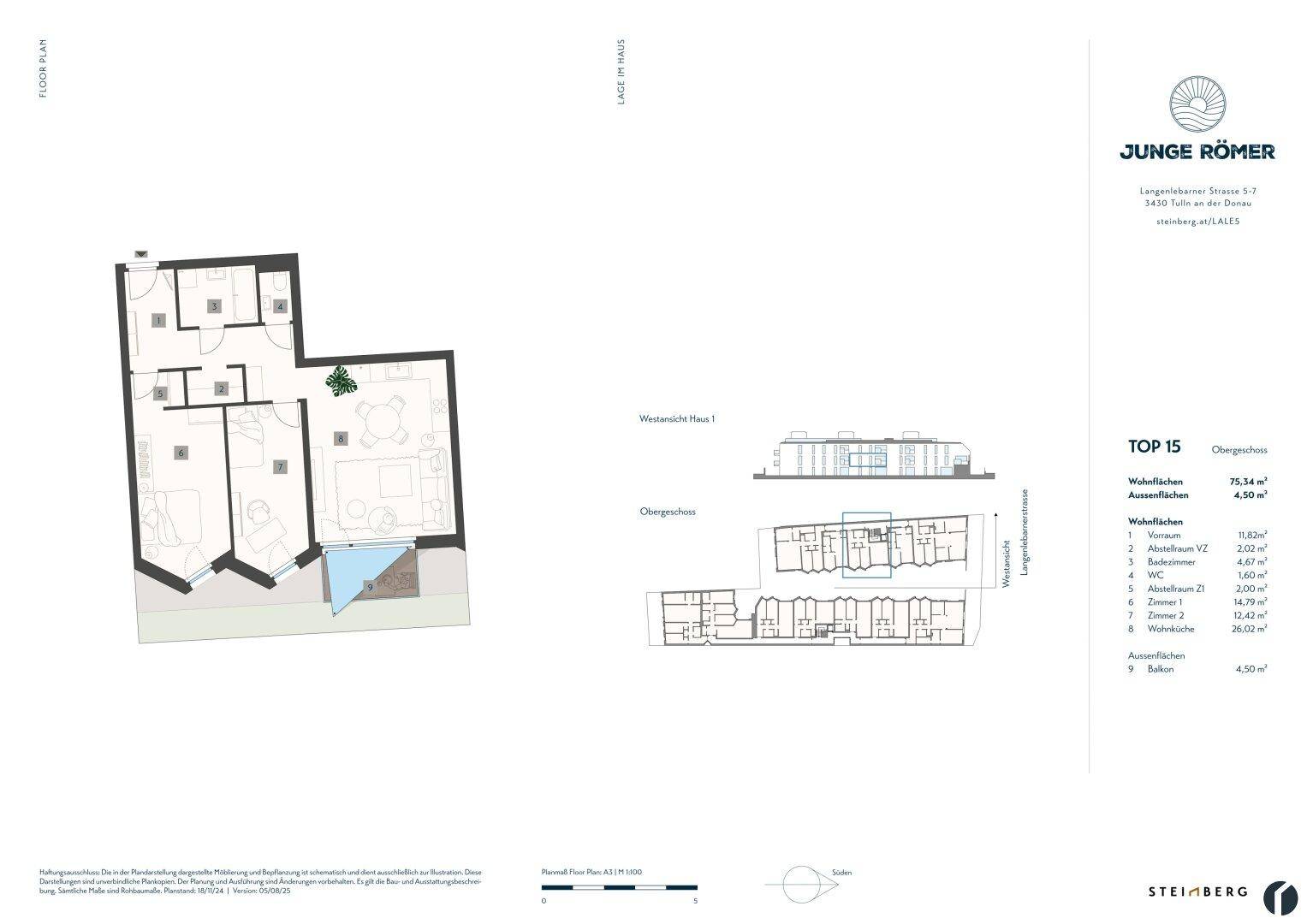 Grundriss einer Wohnung mit Balkon, offenem Wohnbereich und mehreren Zimmern.