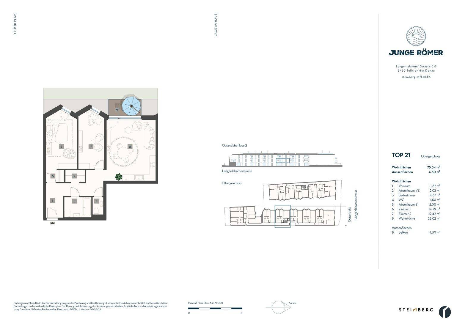 Grundrissplan einer Wohneinheit mit Balkon und einer Übersicht des Obergeschosses.