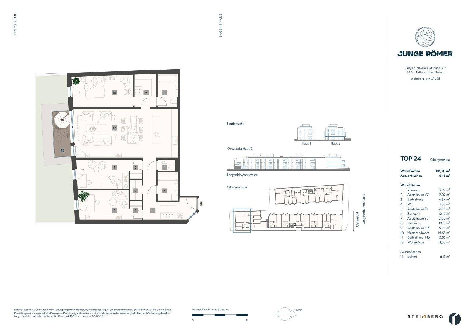 Grundriss einer modernen Wohnung mit offenem Wohnbereich, mehreren Schlafzimmern und einem Balkon.