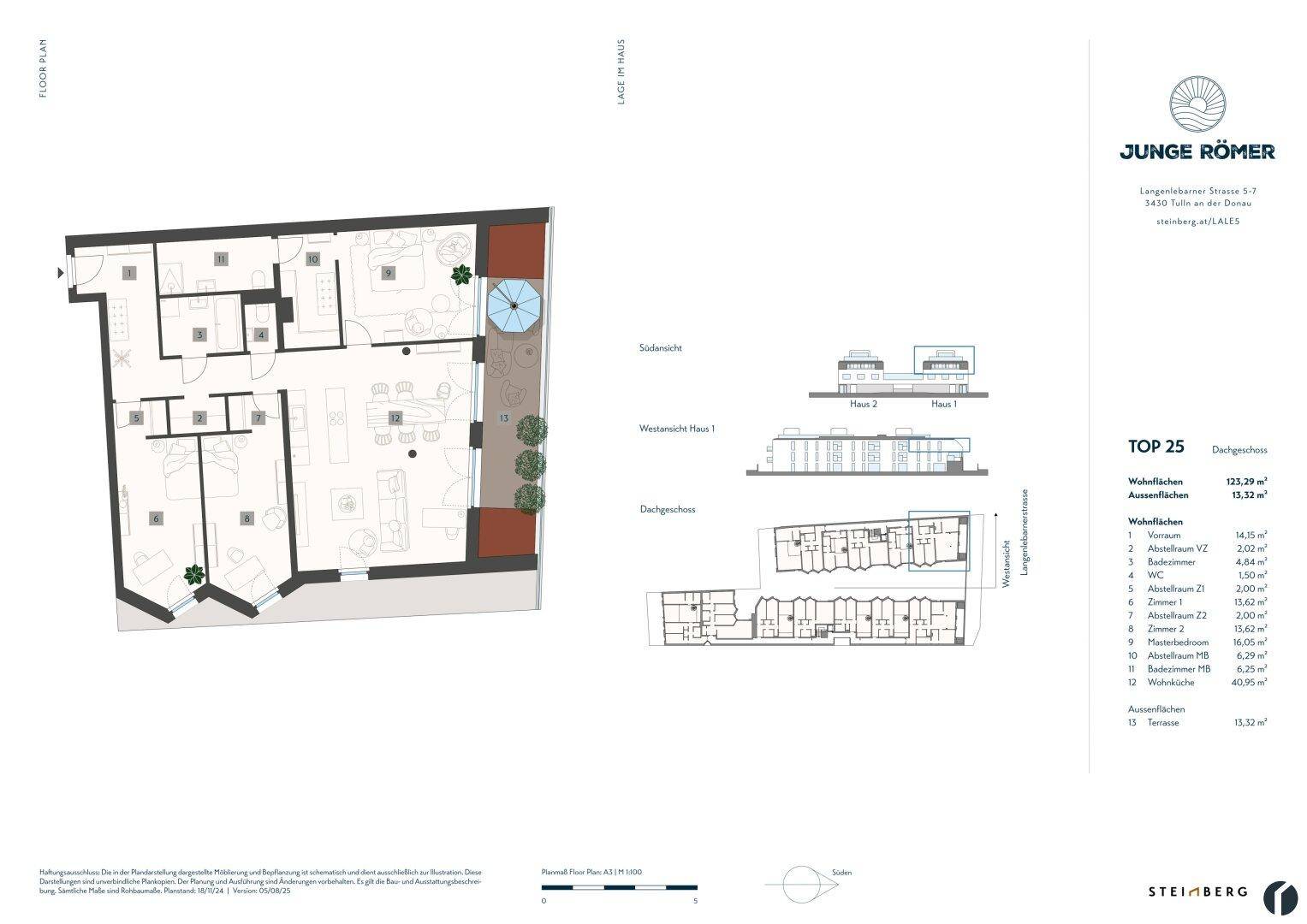 Detaillierter Grundriss einer Wohneinheit mit Terrasse und Gartenanteil.