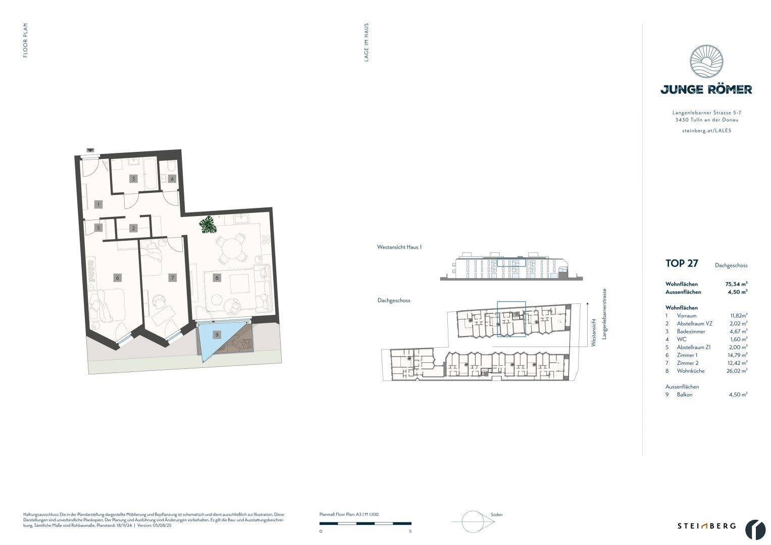 Detaillierter Grundriss einer Wohnung mit Balkon, zeigt die Raumaufteilung und Flächen.