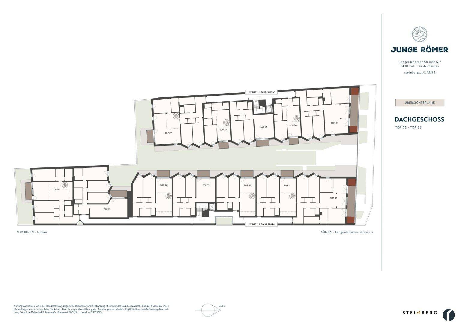 Übersichtsplan des Dachgeschosses mit mehreren Wohneinheiten und Dachterrassen.