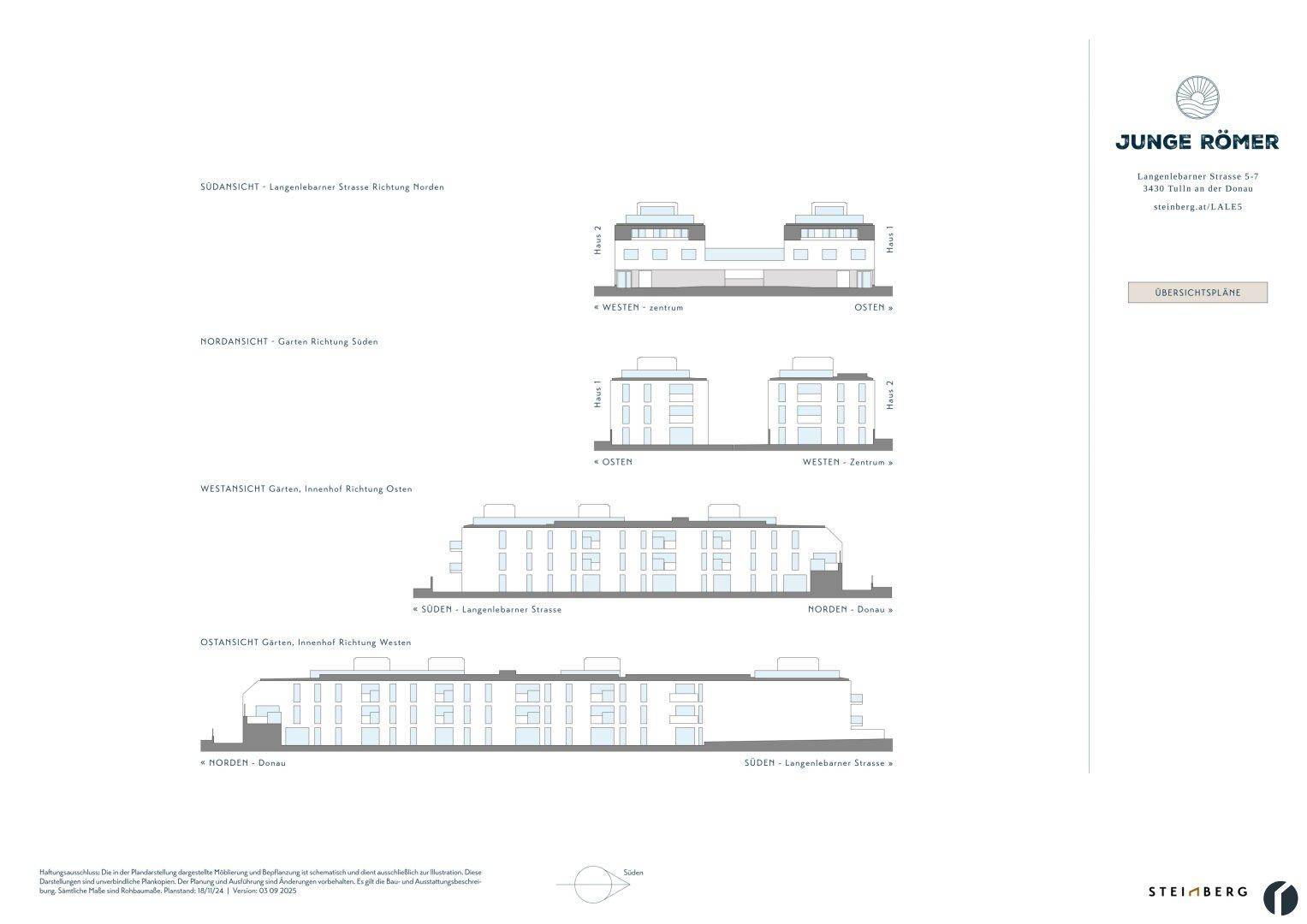 Ansichten des Gebäudes von verschiedenen Seiten mit moderner Architektur und Balkonen.