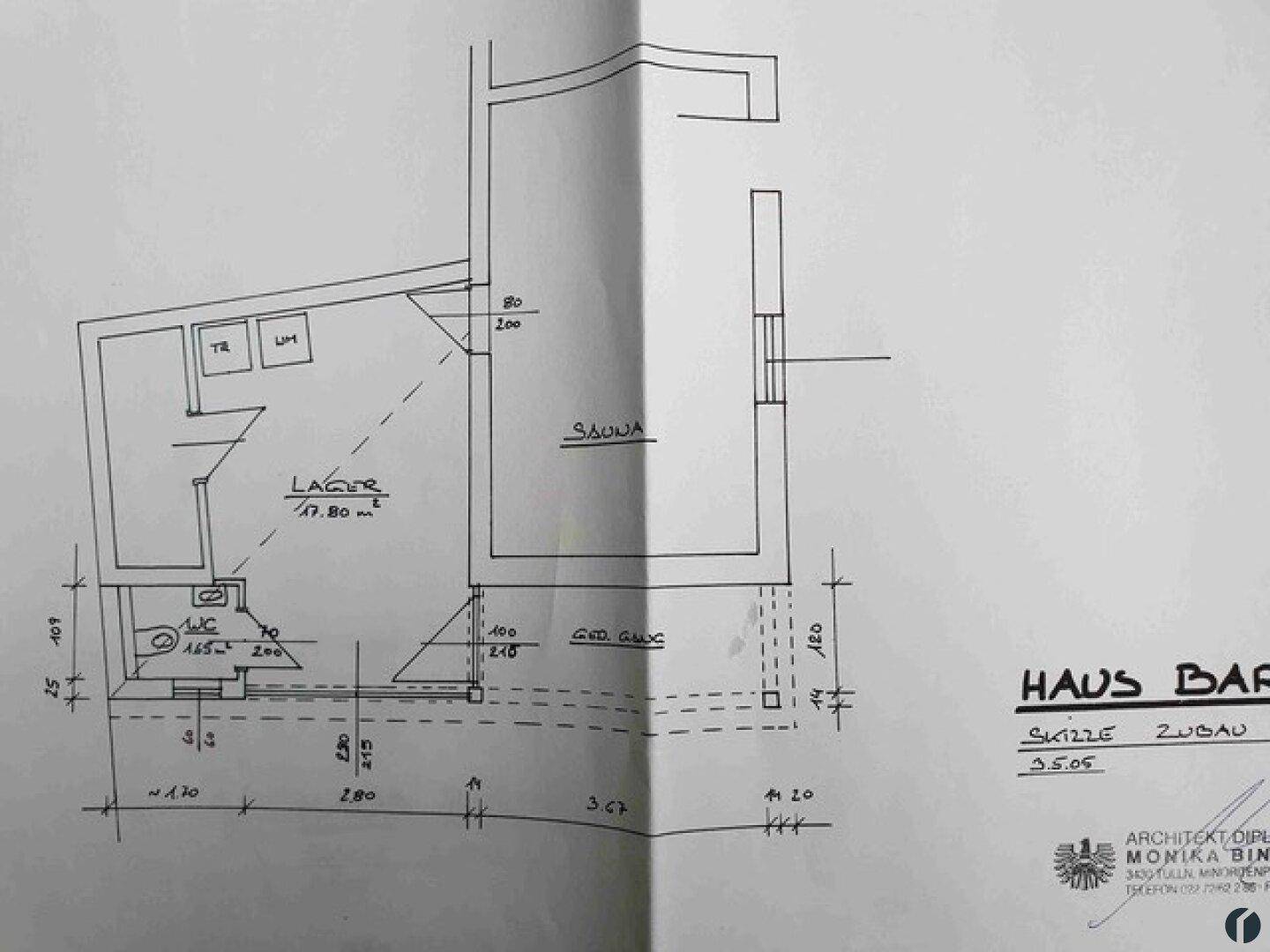 Grundriss für einen Anbau mit Lagerraum, WC und Sauna.