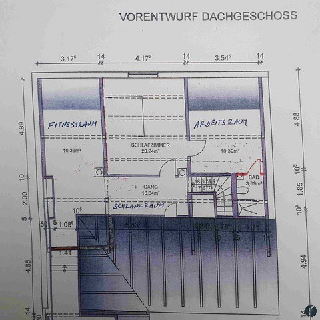 Vorentwurf des Dachgeschosses mit Fitnessraum, Schlafzimmer, Arbeitsraum und Bad.