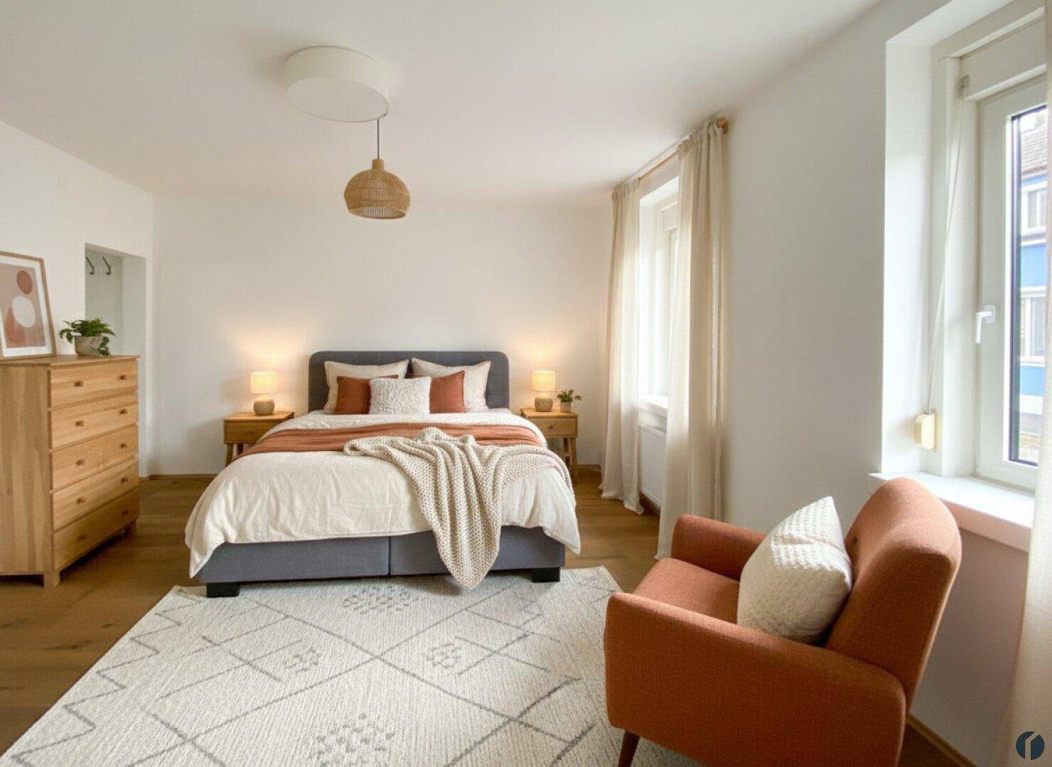 Helles Schlafzimmer mit Holzboden, Doppelbett und modernem Dekor in warmen Farbtönen.