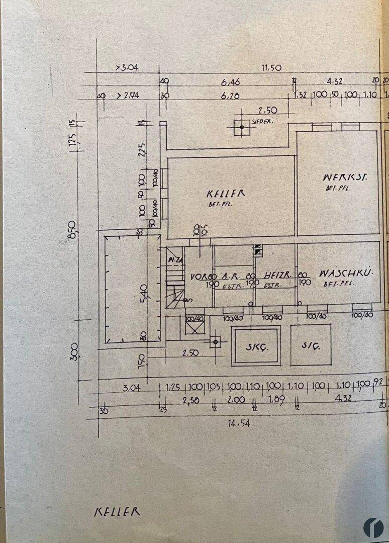 Grundriss des Kellers mit Waschküche, Heizraum und verschiedenen Lagerräumen.