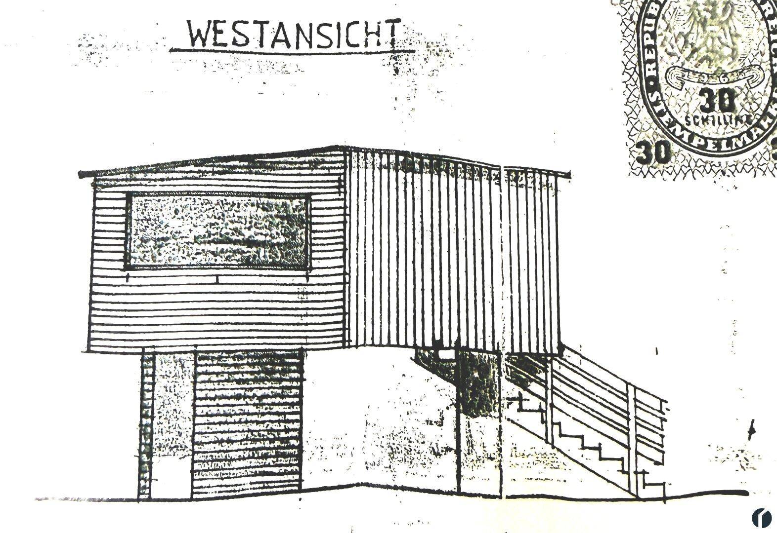 Handgezeichnete Westansicht des Gebäudes mit Holzfassade und Außentreppe.
