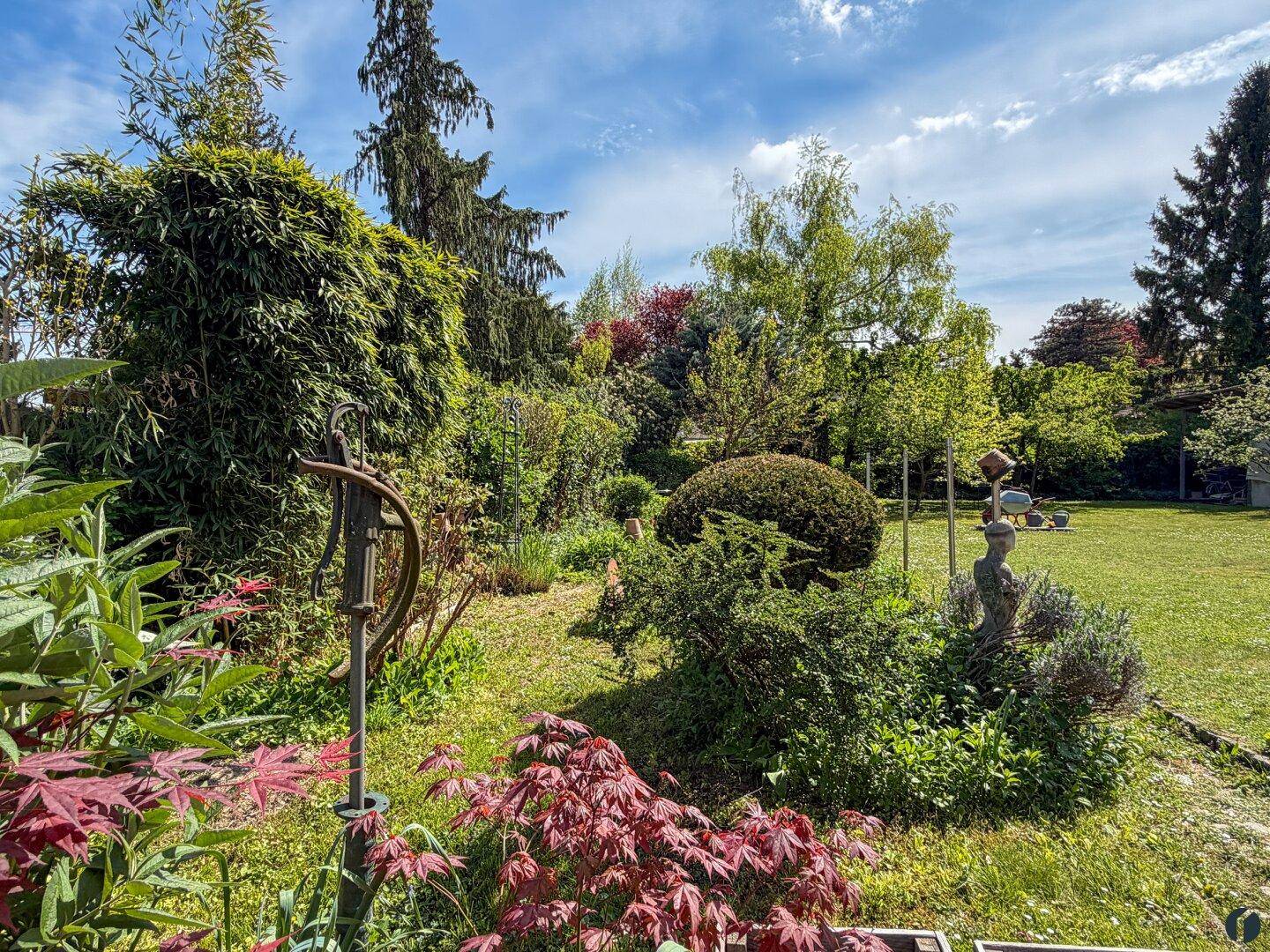 Üppiger Gartenbereich mit vielfältiger Bepflanzung, Bäumen und einer alten Wasserpumpe.