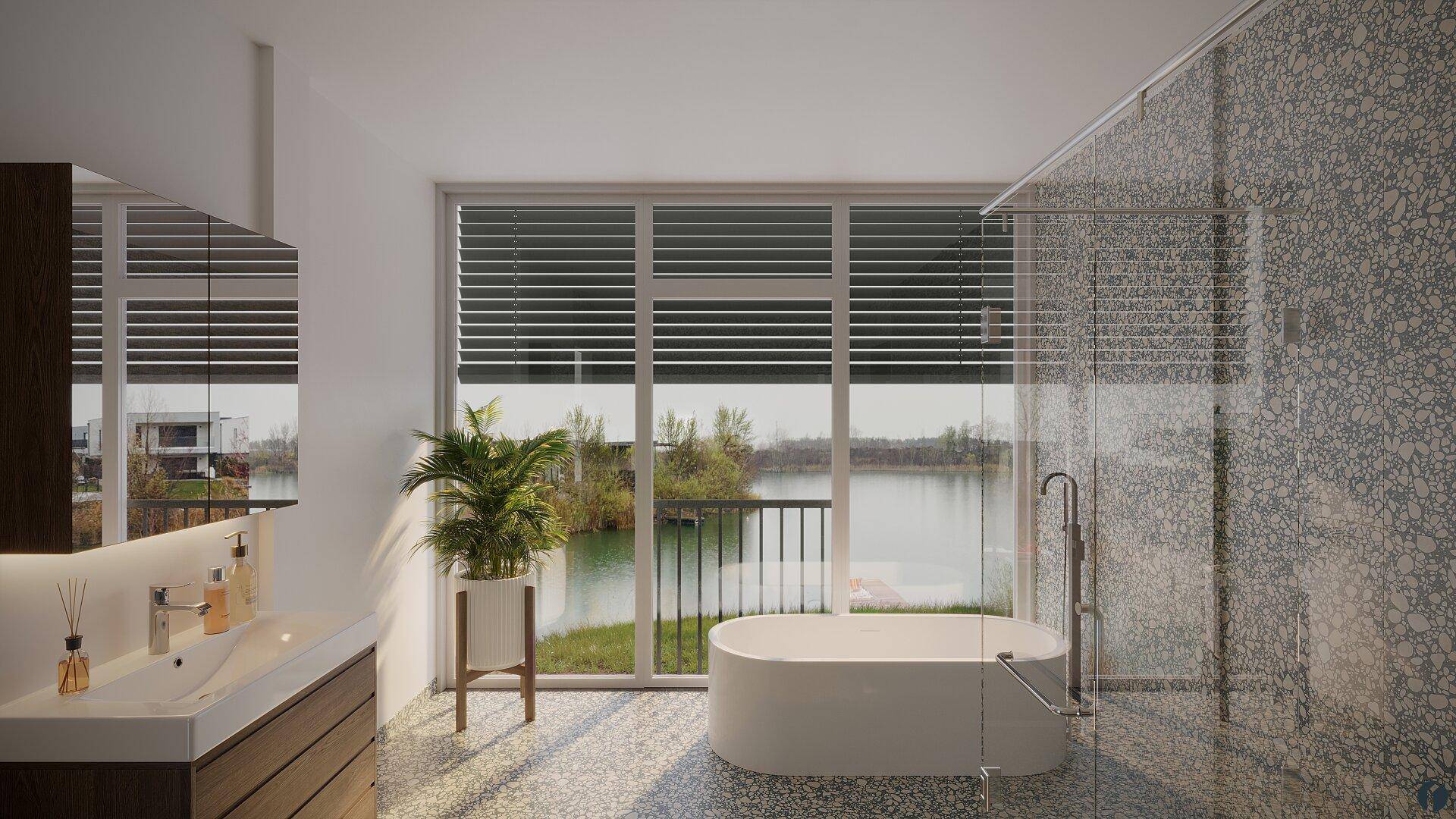 Modernes Badezimmer mit freistehender Badewanne, begehbarer Dusche und Seeblick.