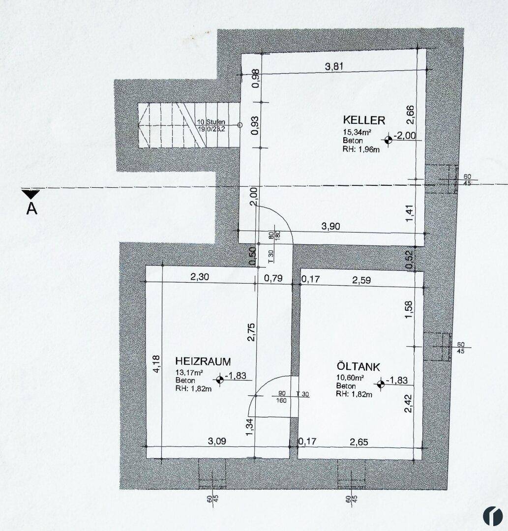 Grundriss des Kellers mit Heizraum, Öltank und Lagerfläche.