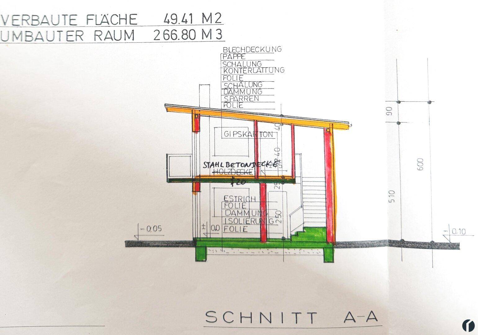 Schnittzeichnung des Gebäudes mit Details zur Konstruktion und Dachform.
