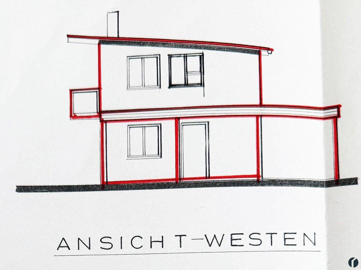 Architektonische Westansicht des Gebäudes mit großen Fenstern und Balkon.