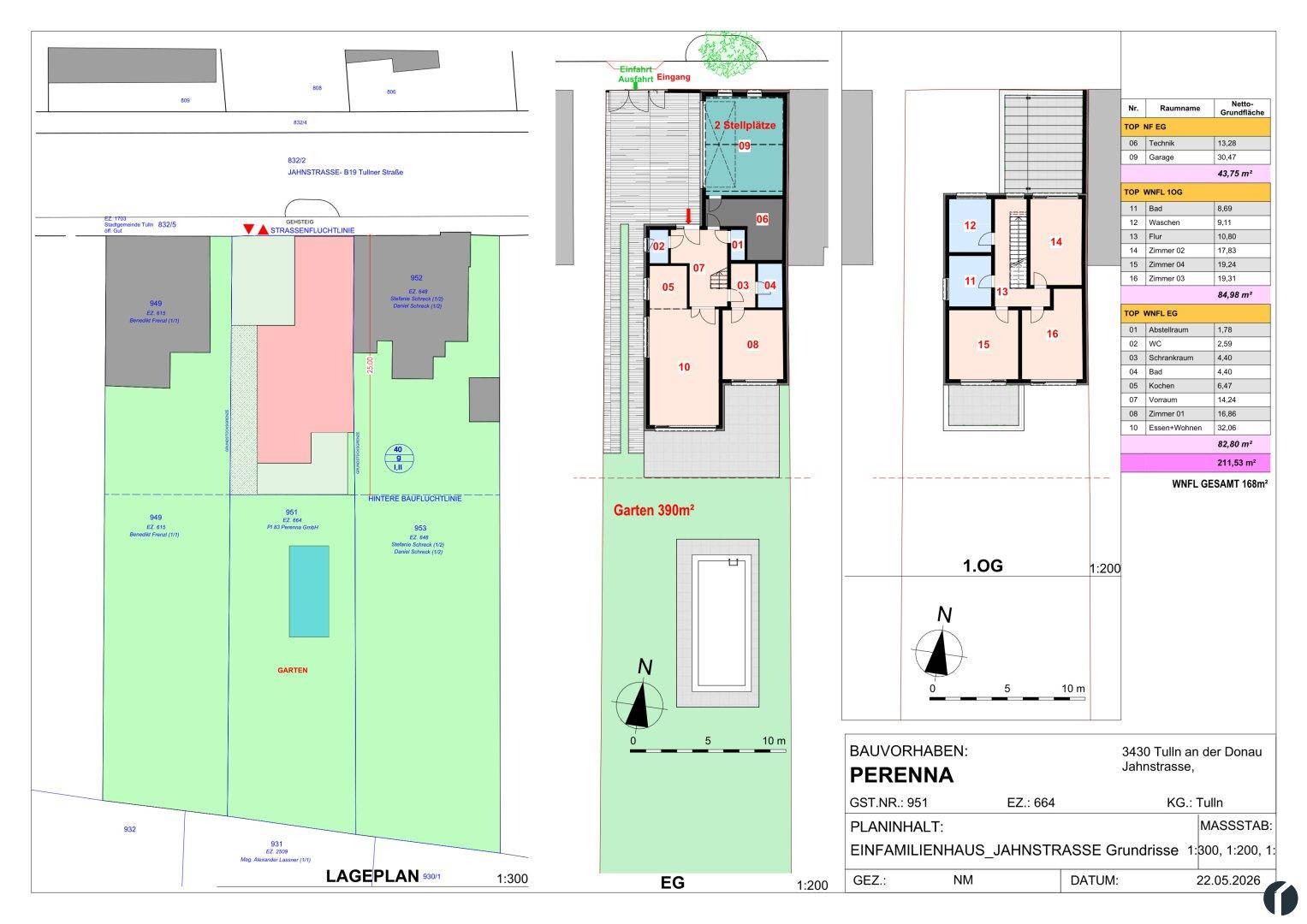 Umfassender Lage- und Grundrissplan eines Einfamilienhauses mit Garten und Pool.