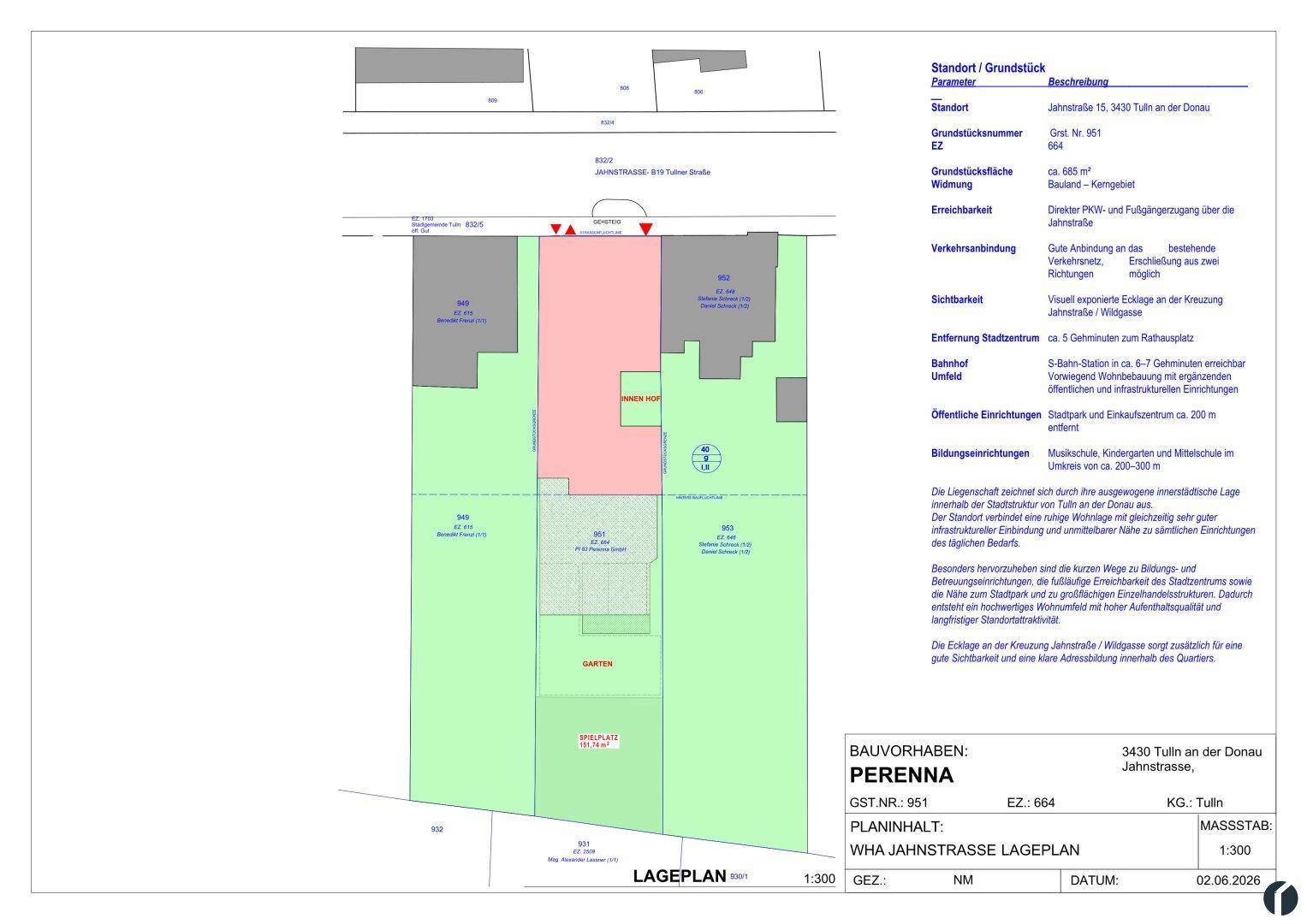 Lageplan des Grundstücks mit Bebauung, Grünflächen und detaillierten Informationen zur Umgebung.