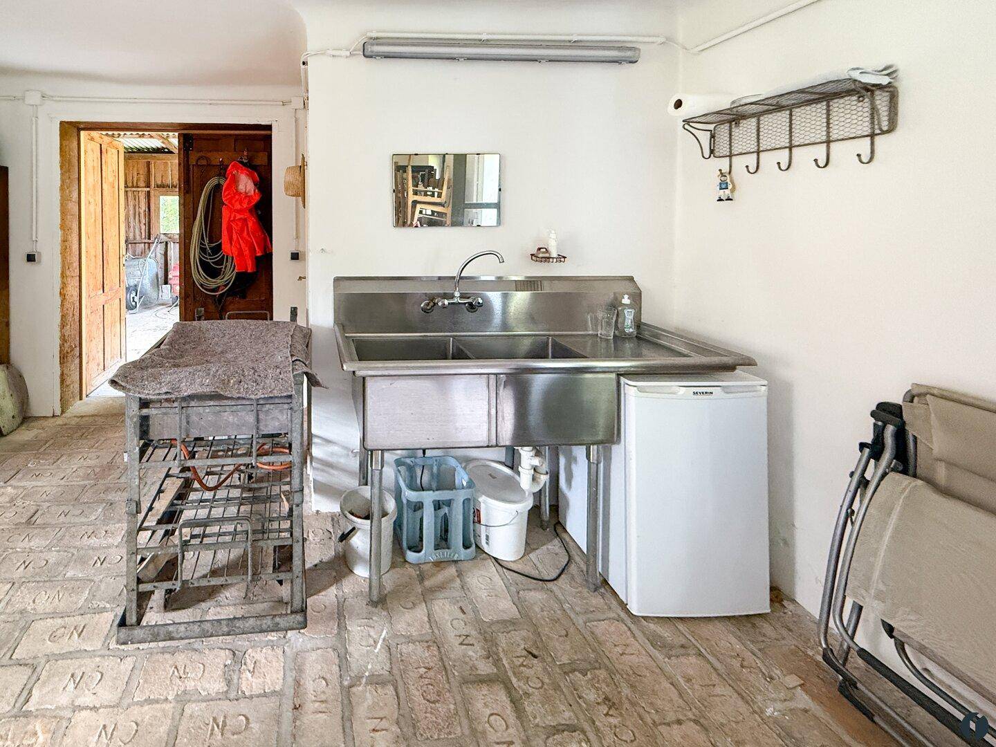 Hauswirtschaftsraum mit großem Edelstahlwaschbecken und kleinem Kühlschrank.