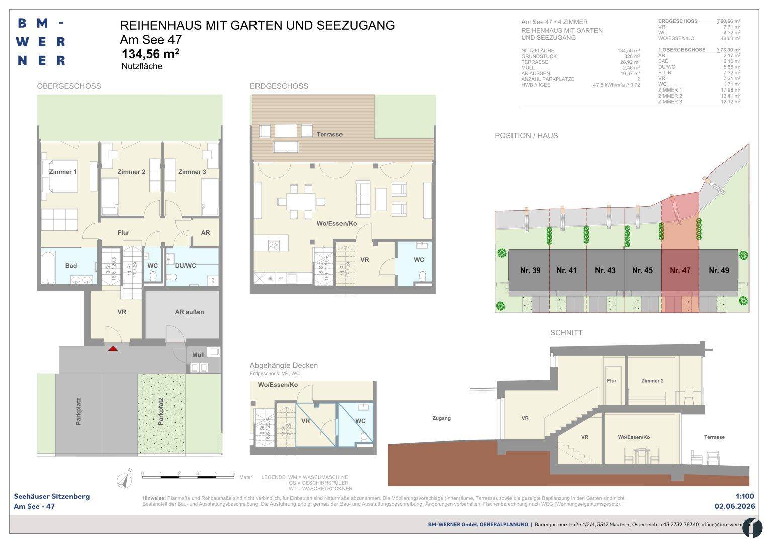 Grundriss eines Reihenhauses mit Erdgeschoss, Obergeschoss und Schnittansicht, inklusive Garten und Terrasse.