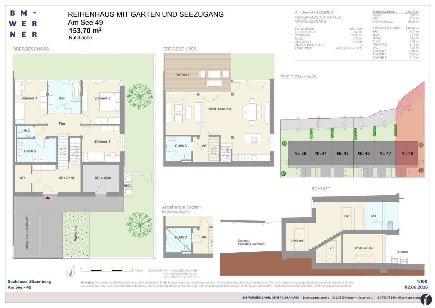 Grundriss eines modernen Reihenhauses mit offenem Wohn-Essbereich, drei Schlafzimmern, mehreren Bädern, Terrasse und Garten.