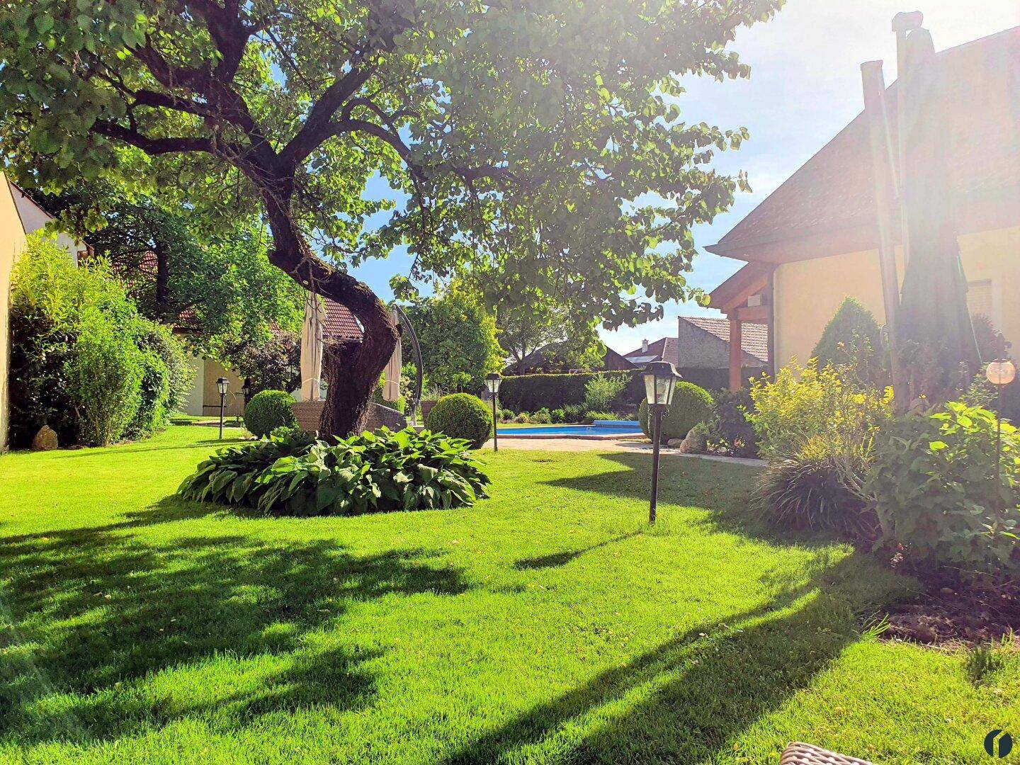 Idyllischer, gepflegter Garten mit altem Baumbestand und üppiger Vegetation.
