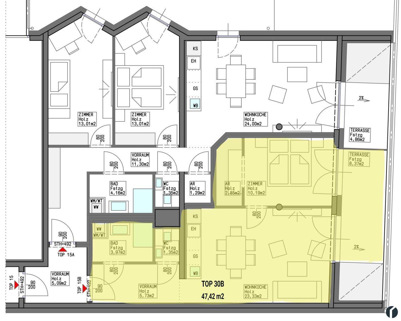 Detaillierter Grundrissplan von zwei Wohneinheiten mit offenem Wohnbereich, Schlafzimmern und Terrassen.
