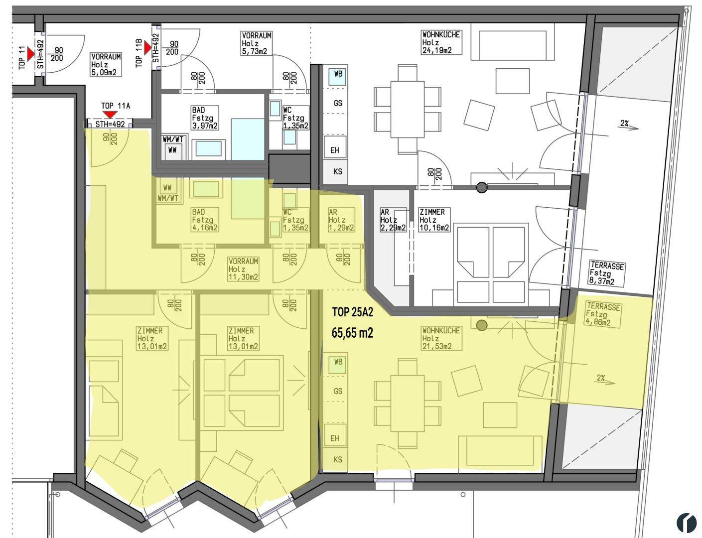 Grundrissplan einer Wohnung mit offenem Wohn- und Küchenbereich, zwei Schlafzimmern, Bad, separatem WC und Terrasse.
