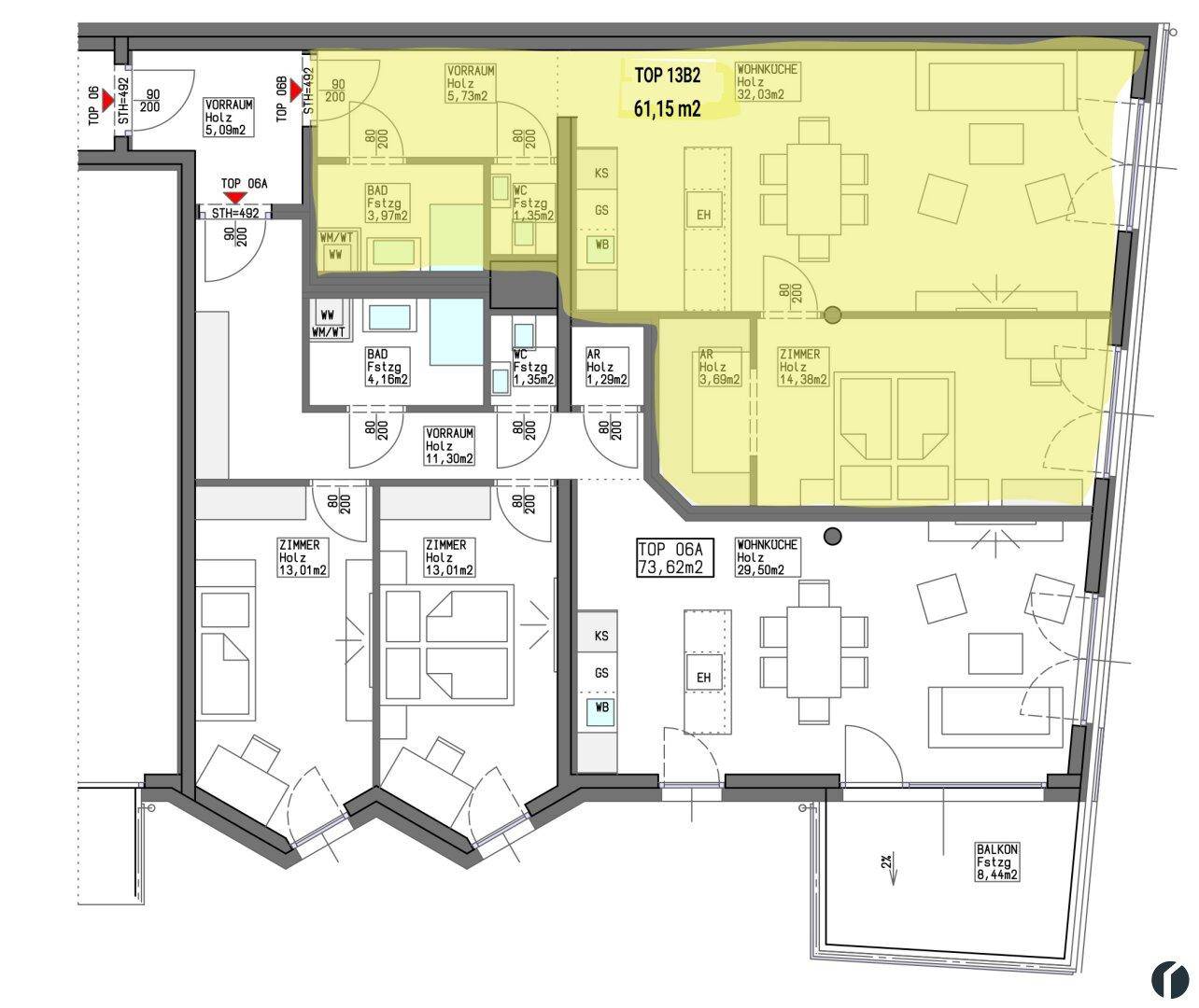 Grundrissplan zeigt zwei Wohnungen mit offenem Wohn-Essbereich, Schlafzimmern, Bädern und Balkon.