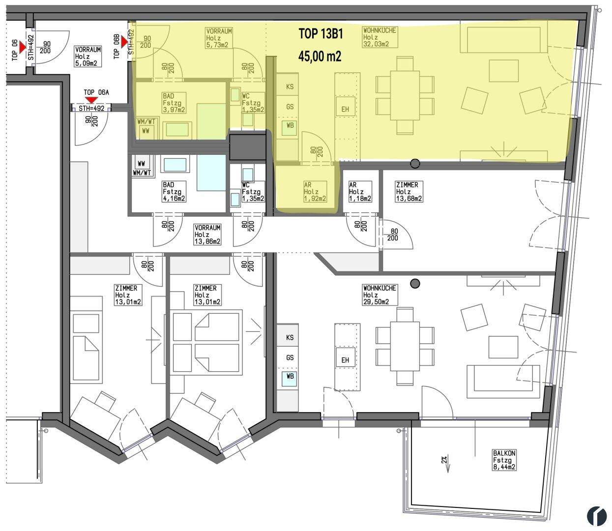 Detaillierter Grundrissplan mit zwei Wohneinheiten, die offene Wohnküchenbereiche, Schlafzimmer und einen Balkon umfassen.