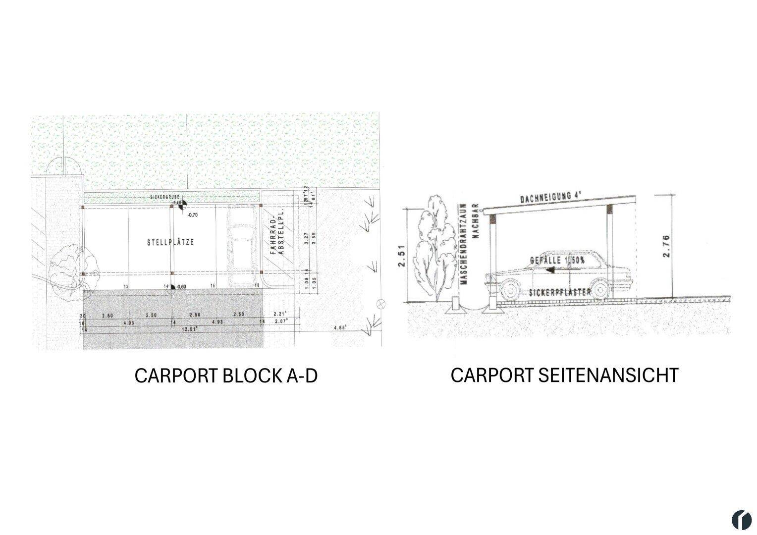 Technische Zeichnung eines Carports mit Draufsicht und Seitenansicht, inklusive Maßen.
