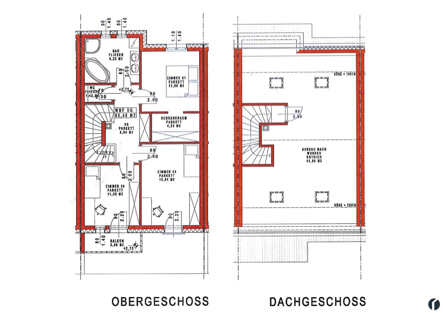 Grundriss des Obergeschosses und Dachgeschosses mit Zimmern, Bad und Balkon.