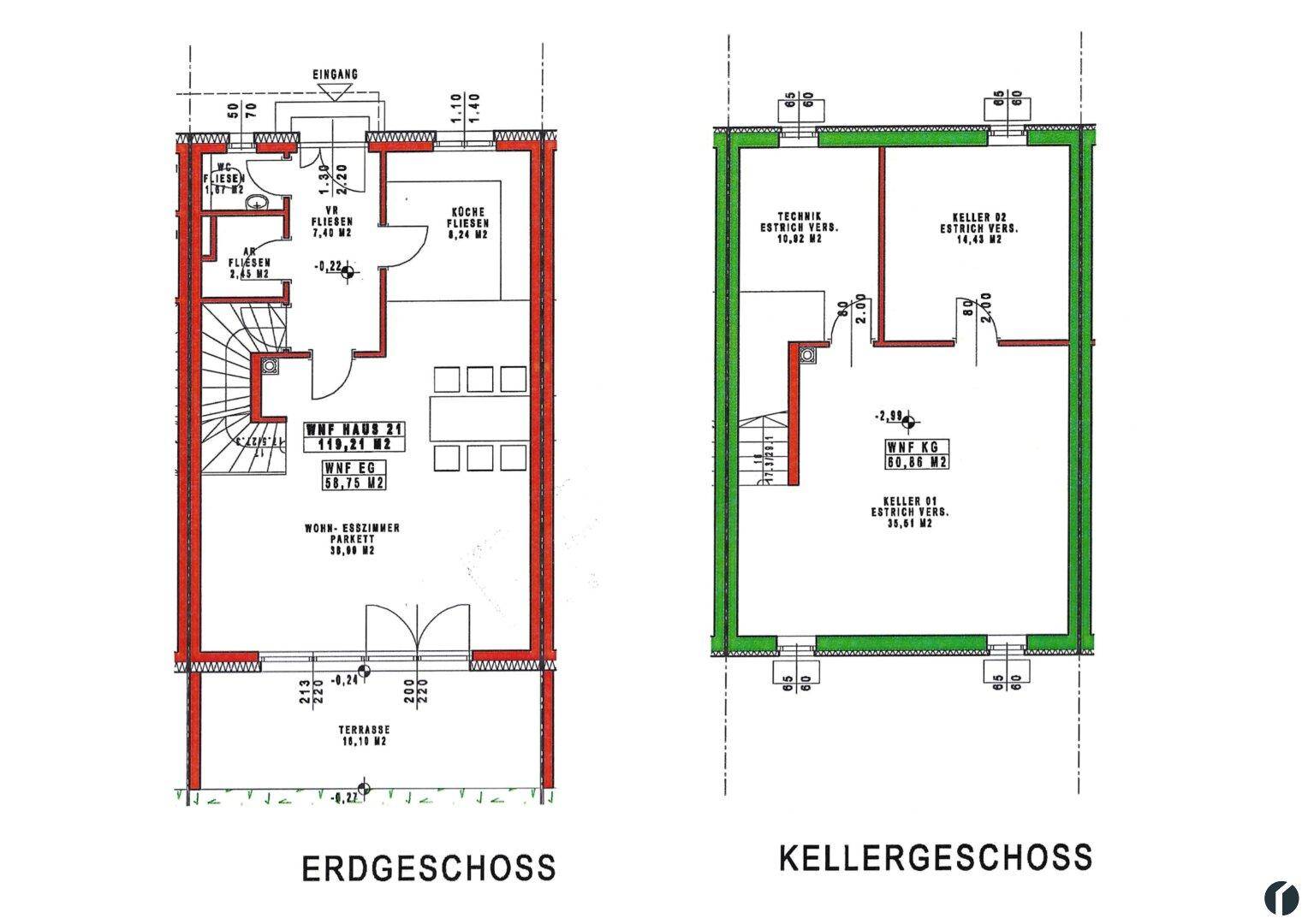 Grundriss des Erdgeschosses und Kellergeschosses mit Wohnbereich, Terrasse und Kellerräumen.
