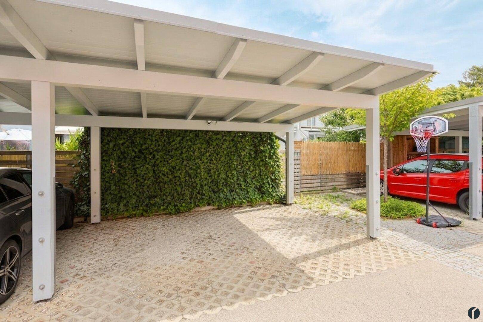 Überdachter Carport-Stellplatz mit begrüntem Hintergrund und Basketballkorb daneben.