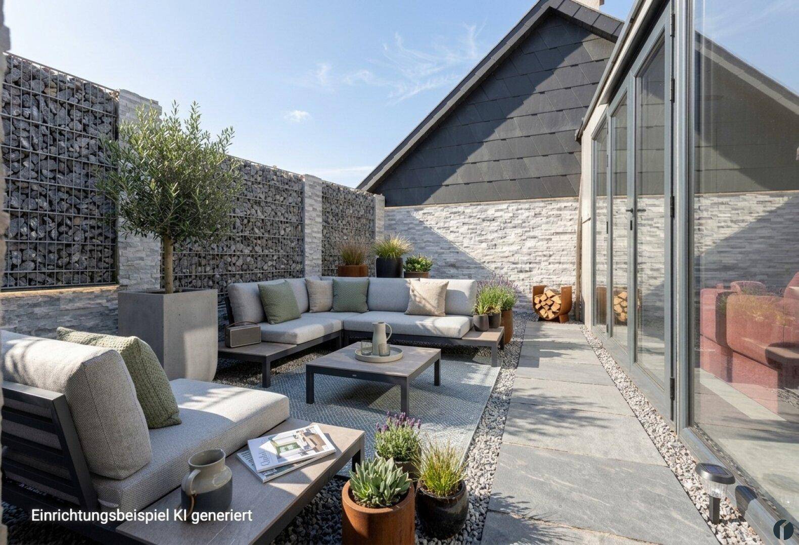Terrasse zwischen den Gebäuden - KI generierte Einrichtung
