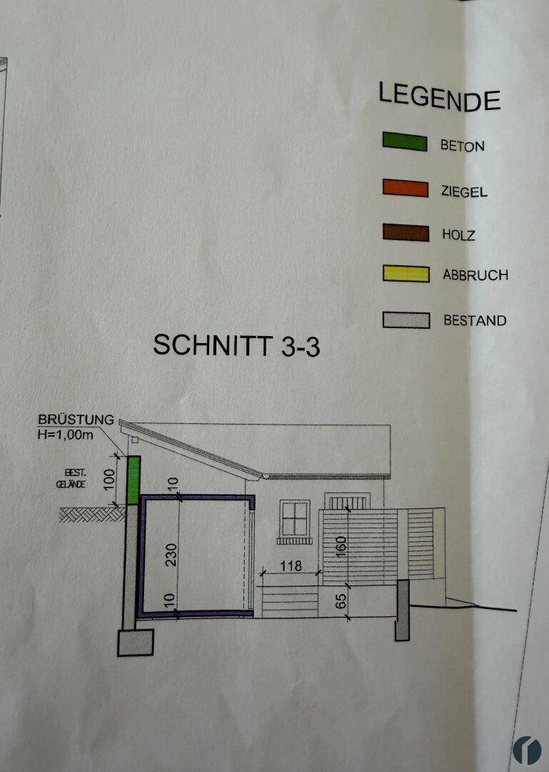 Architektonischer Schnitt mit Legende der verwendeten Materialien wie Beton und Holz.