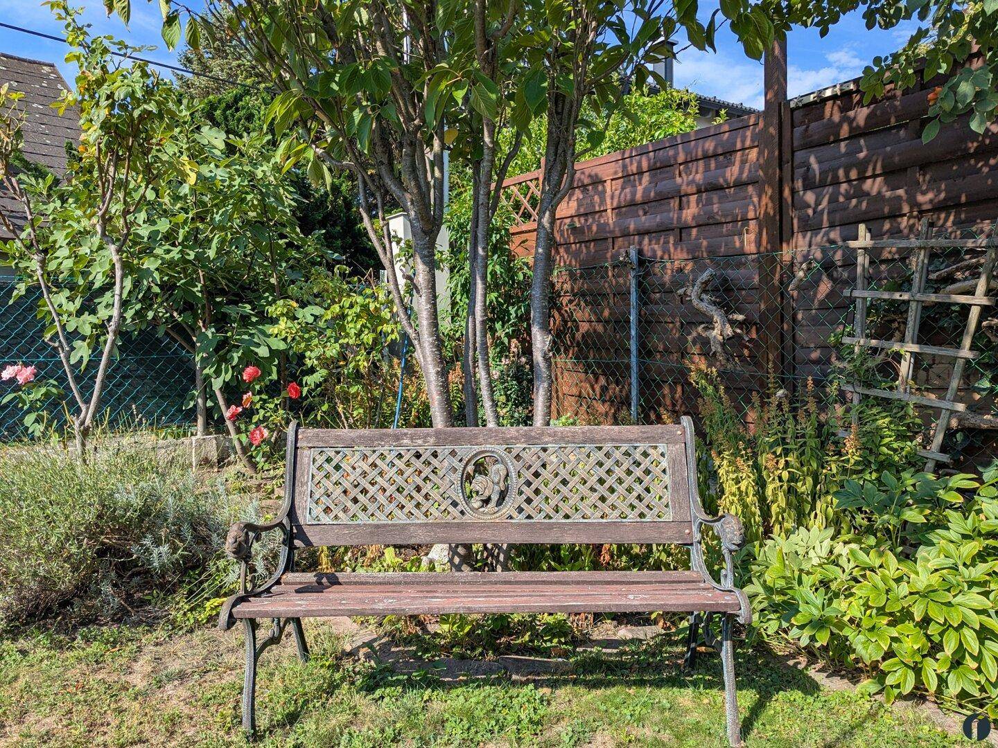 Rustikale Holzbank im grünen Garten, umgeben von Pflanzen und einem Holzzaun.