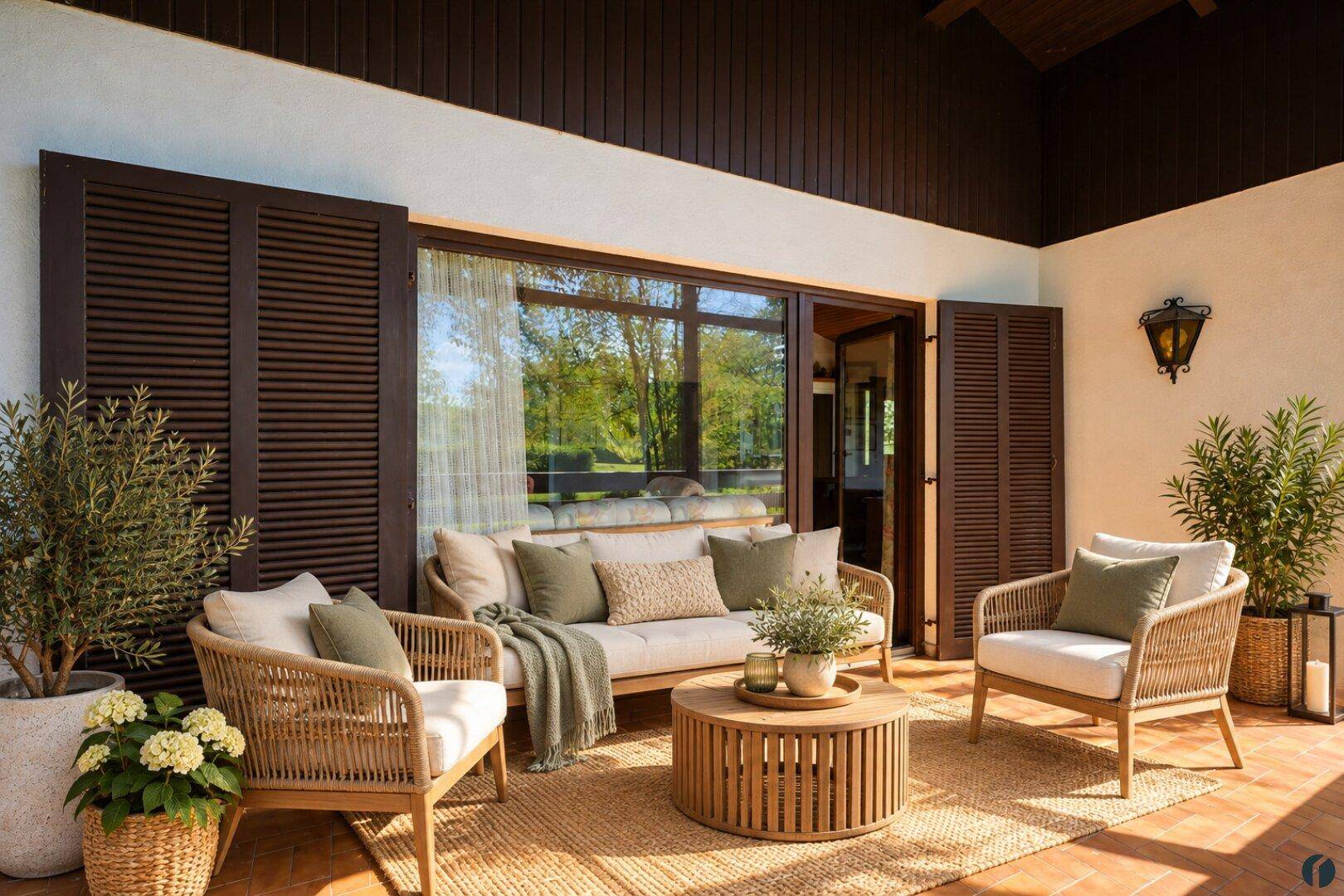 Stilvolle Terrasse mit bequemen Rattanmöbeln, Pflanzen und großen Glastüren zum Wohnbereich.