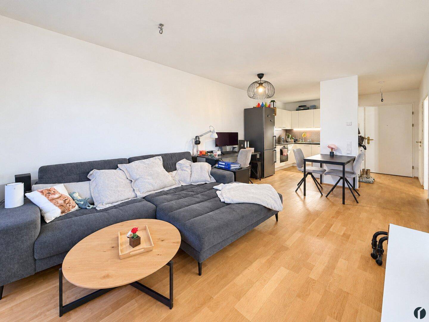 Heller offener Wohn-Essbereich mit integrierter Küche, gemütlichem Sofa und Parkettboden.