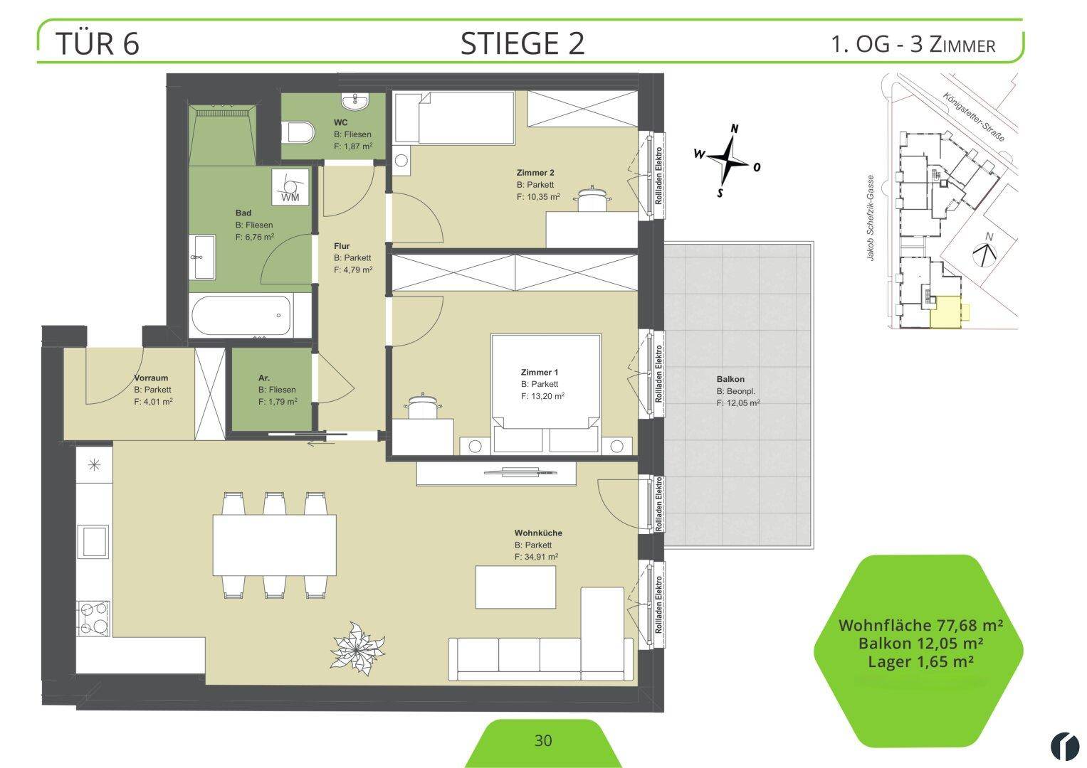 Grundriss einer 3-Zimmer-Wohnung im ersten Obergeschoss mit Balkon.