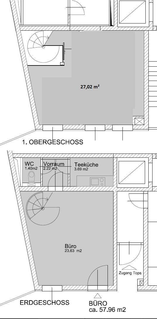 Grundriss des Erdgeschosses und 1. Obergeschosses mit Büros und Teeküche.