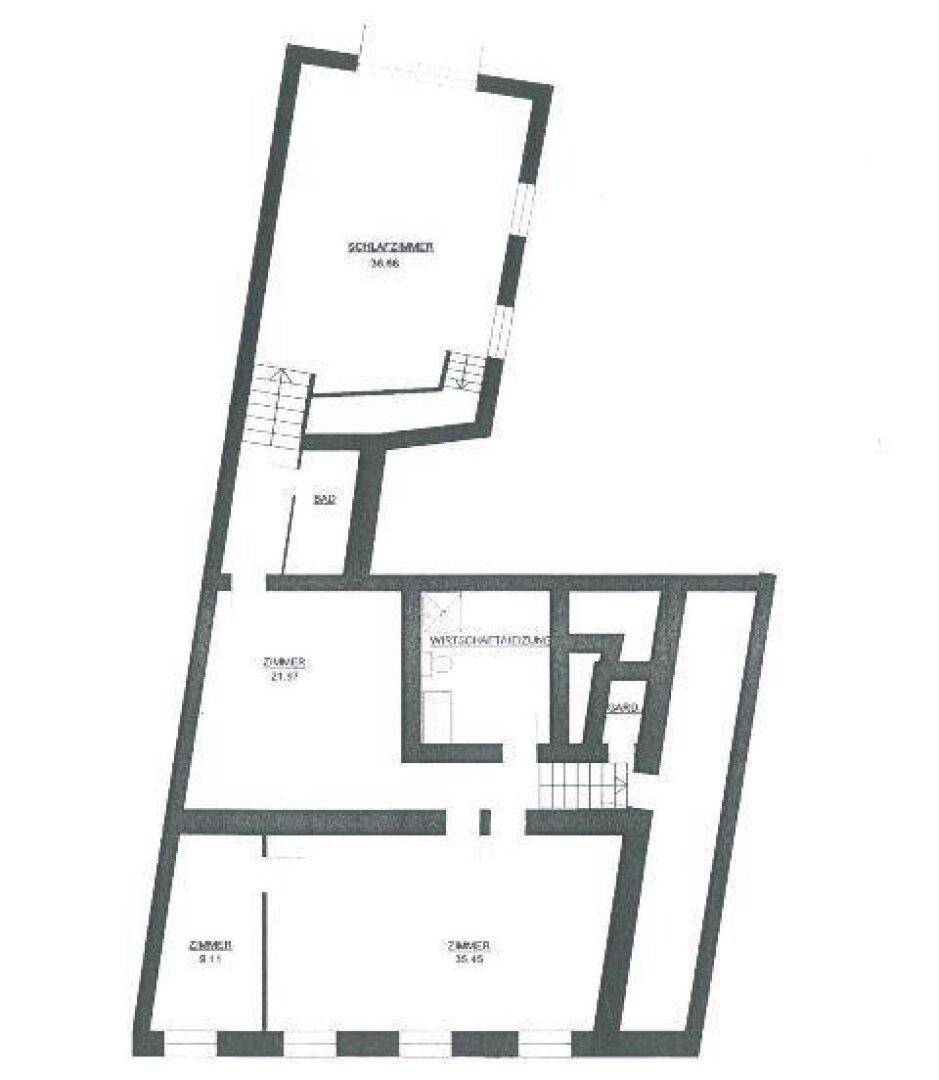 Grundriss des Obergeschosses mit Schlafzimmer, Bad, Zimmern und Wirtschaftsraum.