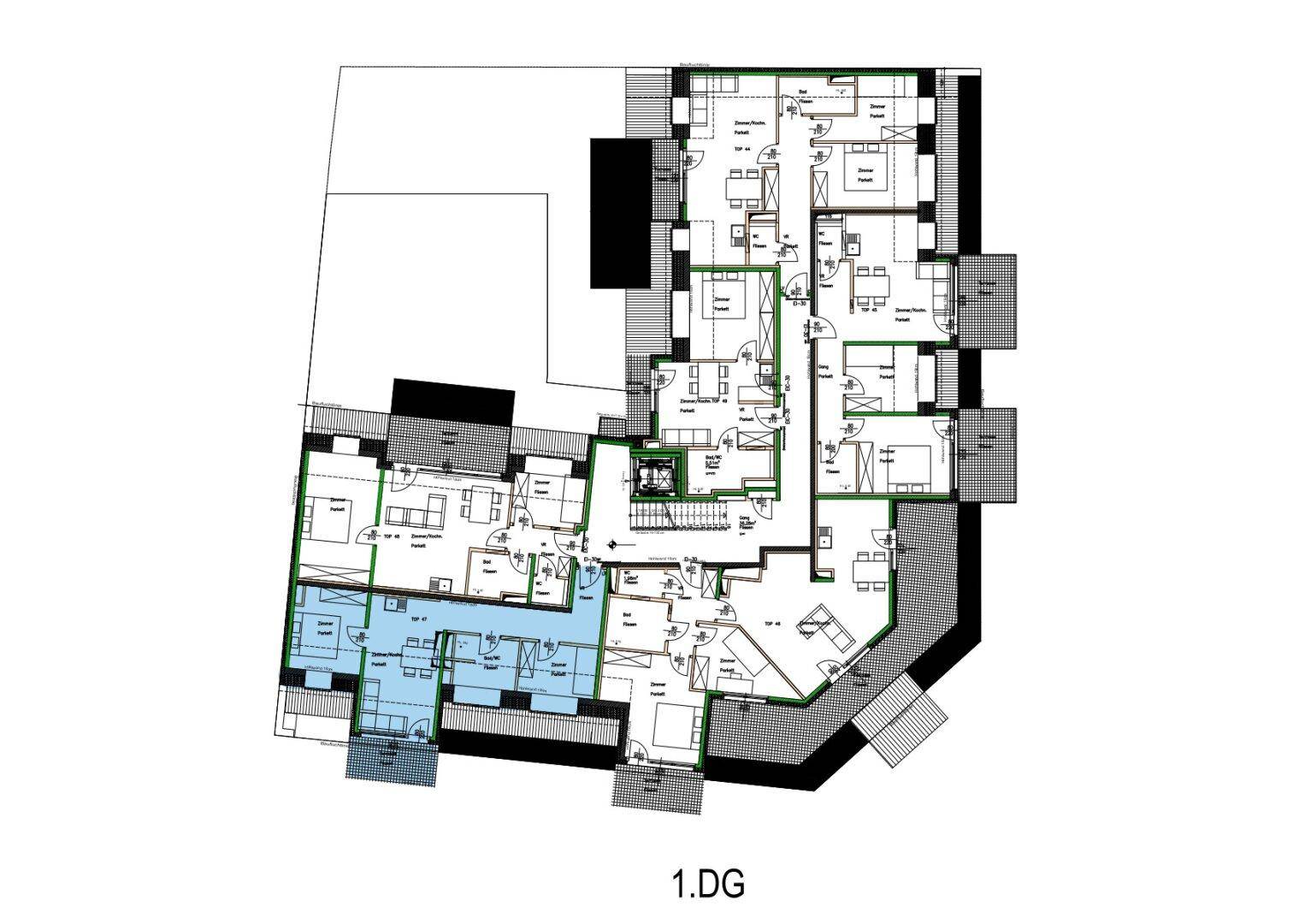 Detaillierter Grundriss einer Etage mit mehreren Wohneinheiten und dem zentralen Treppenhaus.