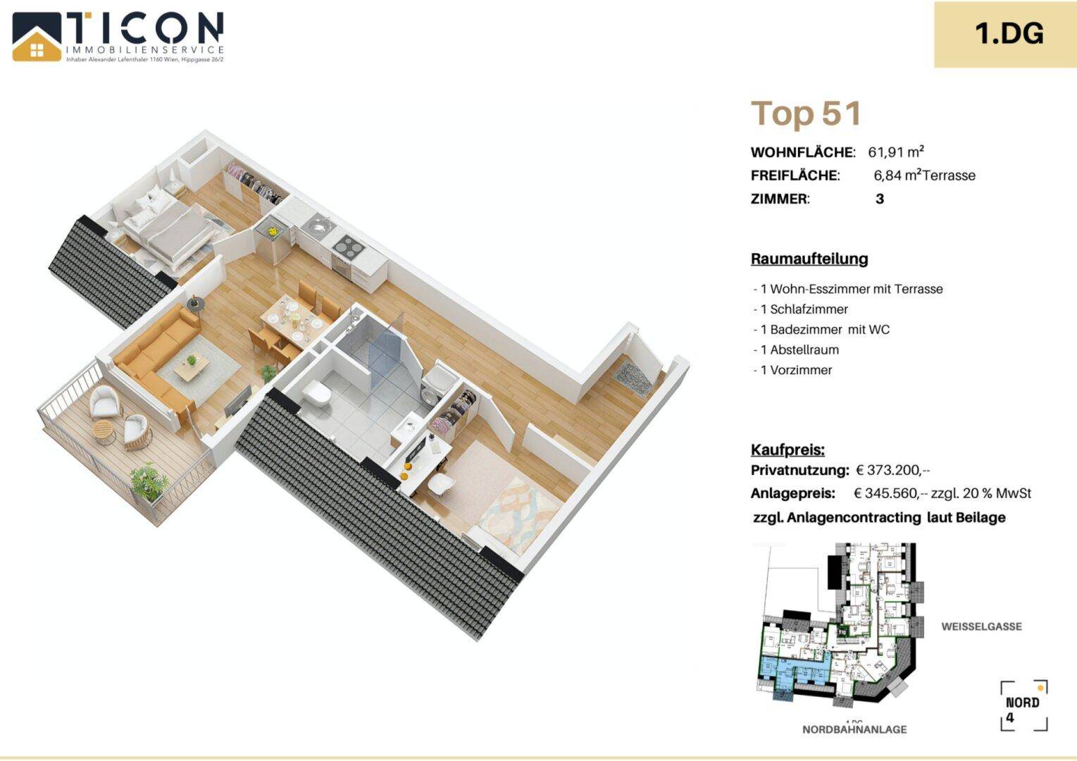 Dreidimensionaler Grundriss einer Wohnung mit offenem Wohn-Essbereich, Schlafzimmer und Terrasse.