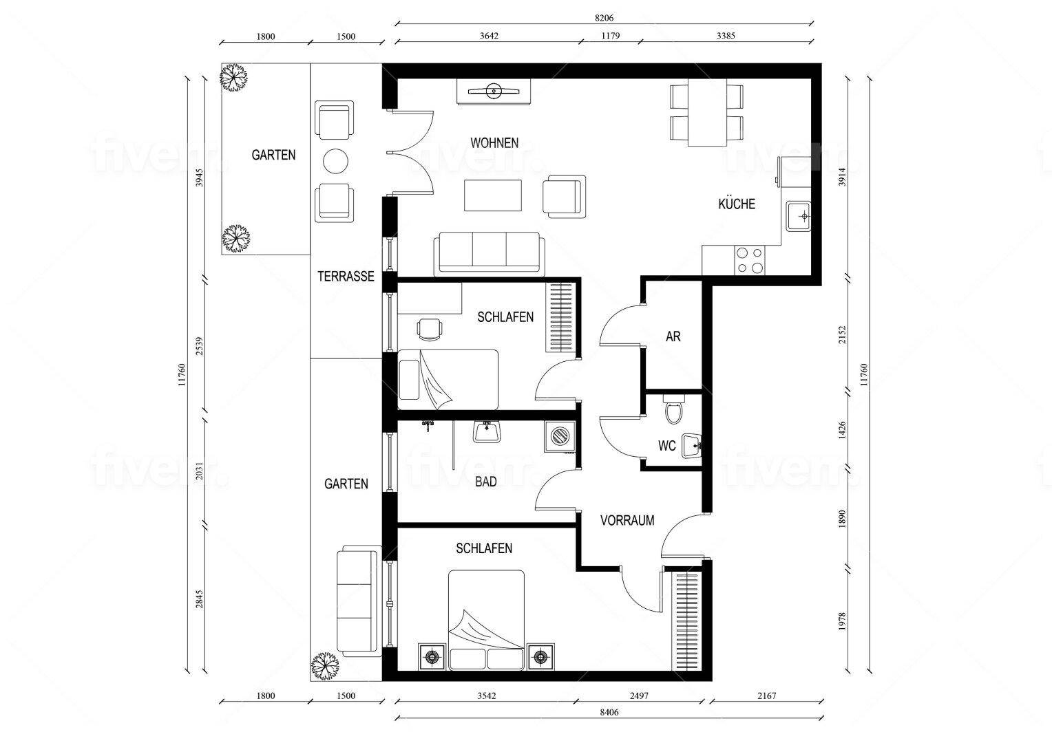 Detaillierter Grundriss einer Wohnung mit Raumaufteilung, Terrasse und Garten.